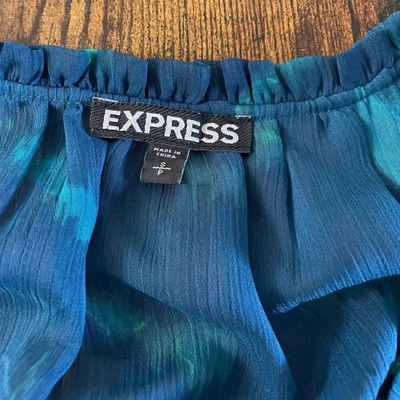 Express Blue Water Print Sheer Blouse - Picture 7 of 8